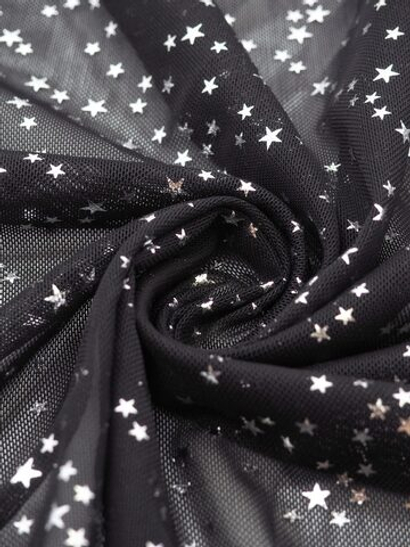 Сетка эластичная черная с серебристыми звездами метражом (Турция)