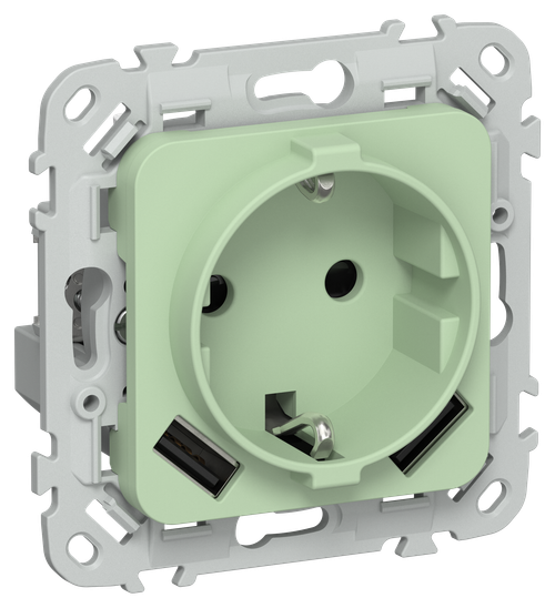 FLITE Розетка 1-местная с заземлением с защитными шторками 16А с USB A+A 3,1А РСЮша11-0-ФлФ фисташковый IEK