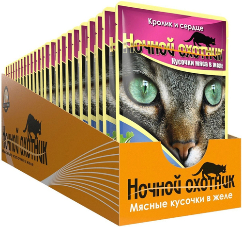 Влажный корм Ночной охотник для взрослых кошек, кролик и сердце в желе, 24 шт x 100 г