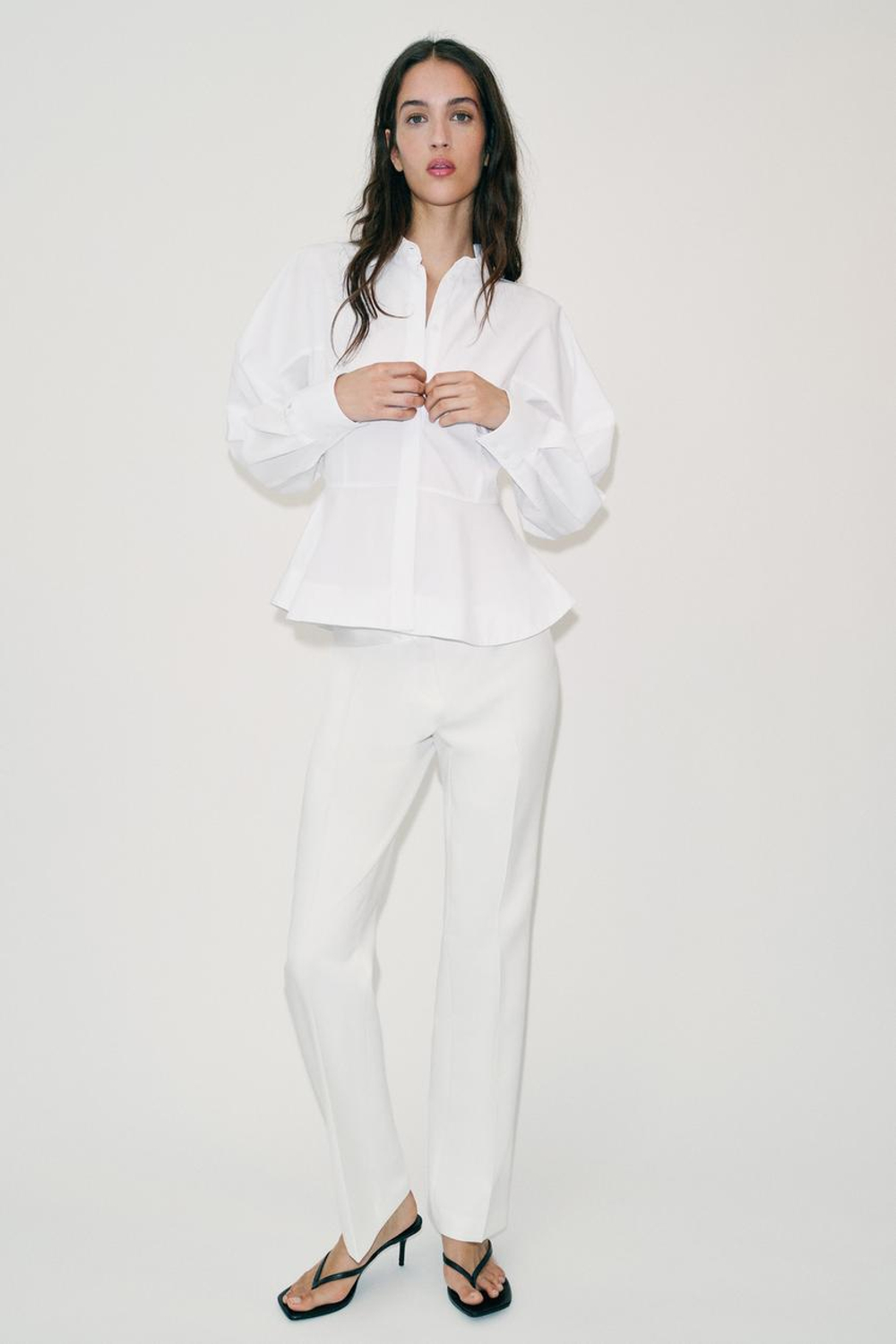 ZARA РУБАШКА ИЗ ПОПЛИНА С БАСКОЙ, БЕЛЫЙ