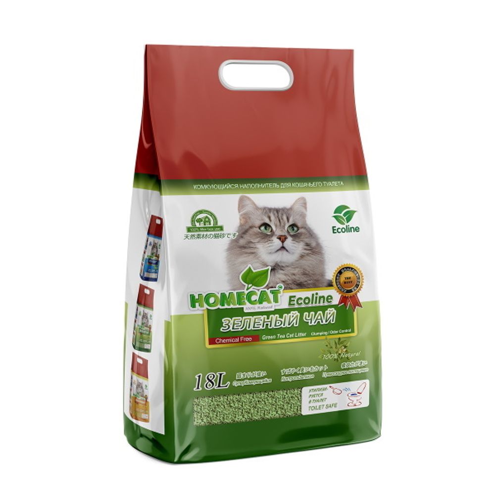 Комкующийся наполнитель HOMECAT «Эколайн» для кошачьих туалетов зеленый чай 18 л