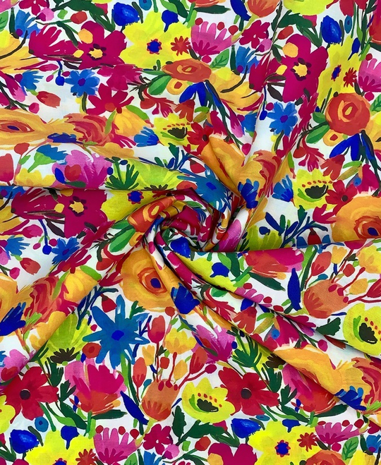 Коттон принт, цветы желтый/оранж/красный/синий на белом DGT