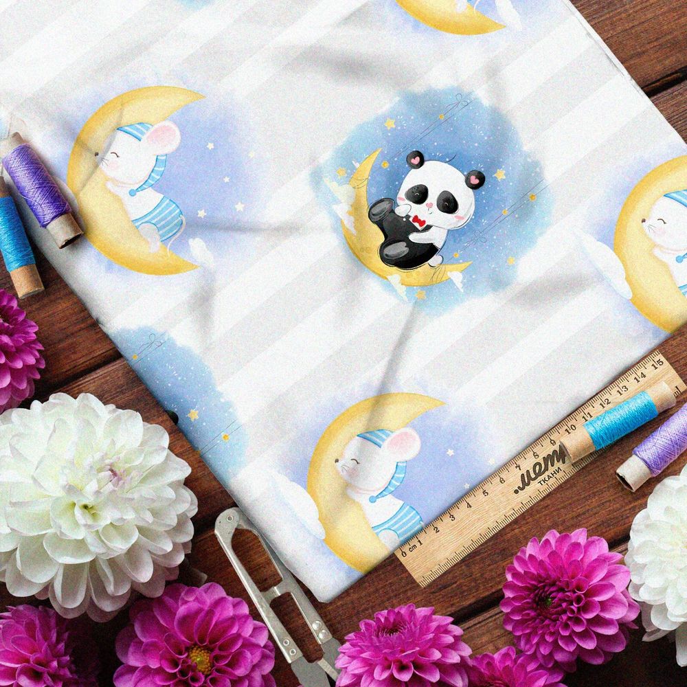 Ткань флис сонные панды и мышки на месяце