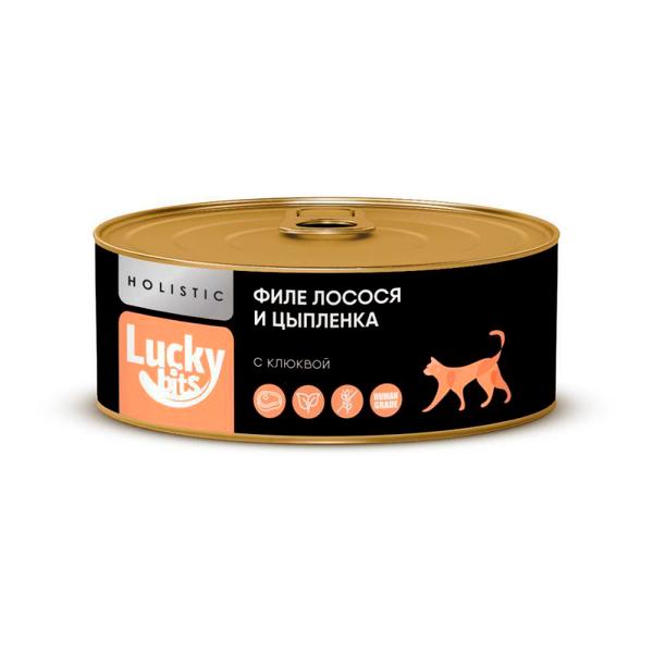 Консервы Lucky bits филе лосося и цыплёнка с клюквой, для кошек, 100 г.