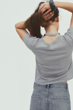 ZARA ДВУХСЛОЙНЫЙ ТОП С ГОРЛОВИНОЙ ХАЛТЕР, СЕРЫЙ С МЕЛАНЖЕВЫМ ЭФФЕКТОМ