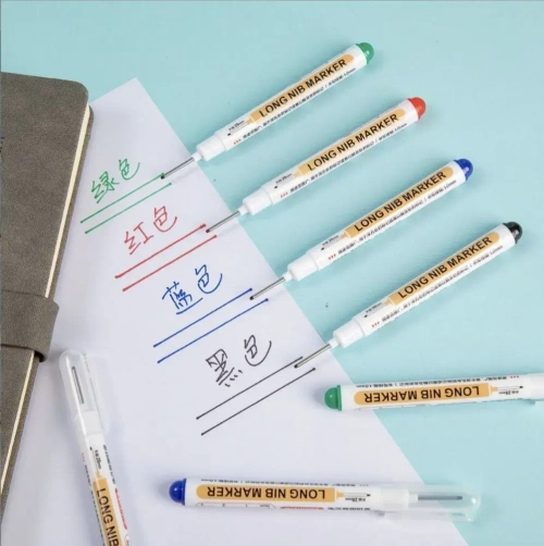 Маркер строительный тонкий разметочный с длинным наконечником / 5 шт (черный, красный, зеленый, синий, белый) / Маркеры строительные набор для разметки по металлу, дереву, стеклу, ткани перманентный