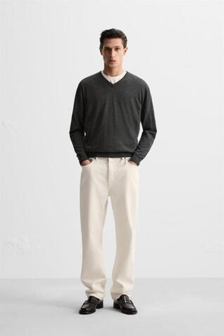 ZARA СВИТЕР ИЗ ЛЕГКОЙ ШЕРСТИ И КАШЕМИРА С V-ОБРАЗНЫМ ВЫРЕЗОМ, СЕРЫЙ С МЕЛАНЖЕВЫМ ЭФФЕКТОМ