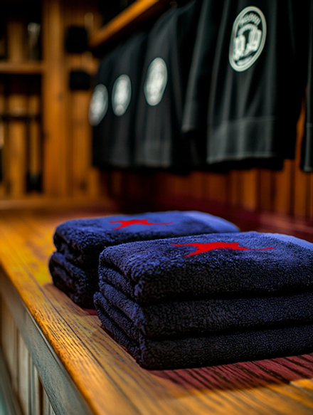 Полотенце синее банное с красным хоккеистом