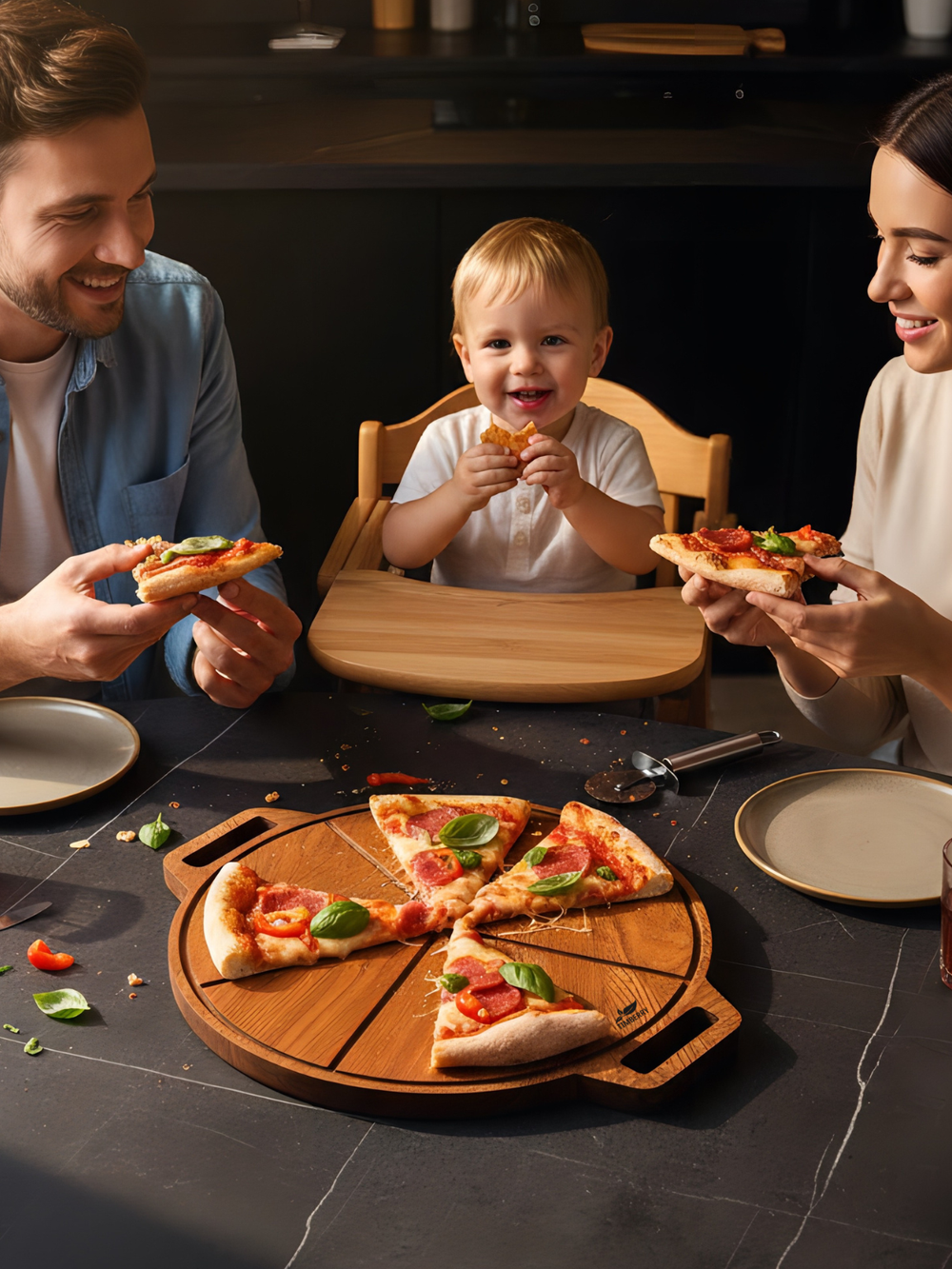 Доска для пиццы деревянная с ручками 35 см