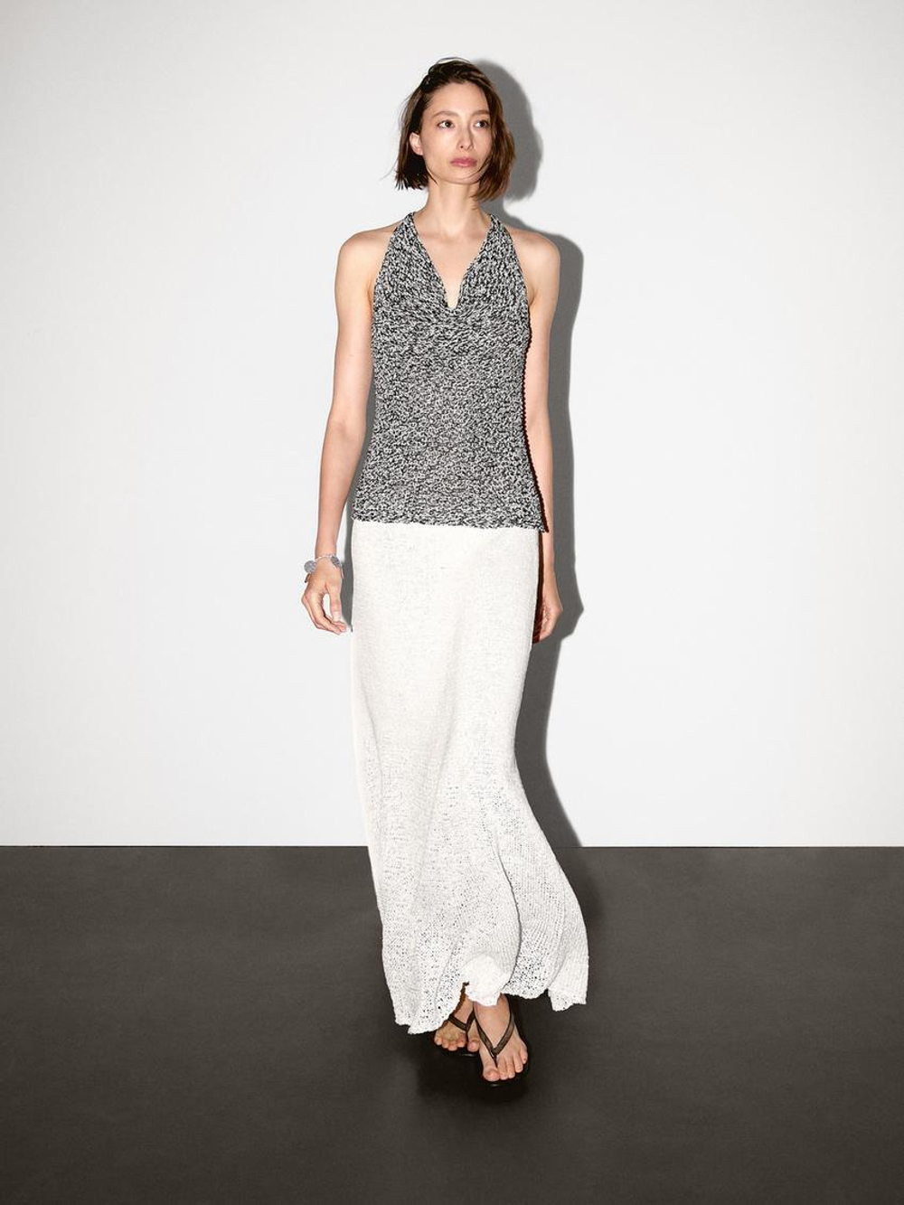 Massimo Dutti Трикотажный топ с драпировкой и меланжевым узором, натуральный, кремовый