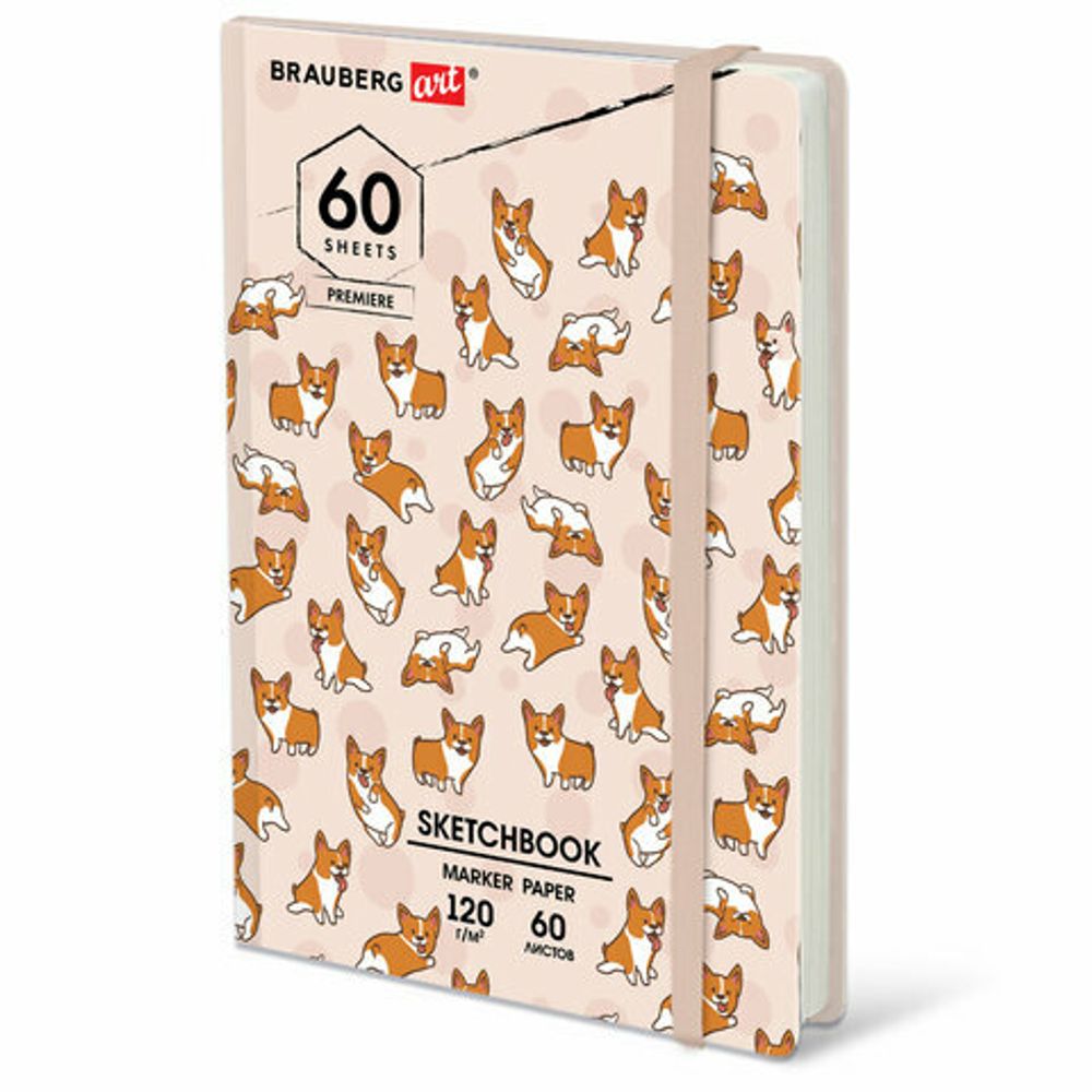 Скетчбук для маркеров 120 г/м2, 148х210 мм, 60 л., твердая обложка, резинка, BRAUBERG ART, МИКС, 115103