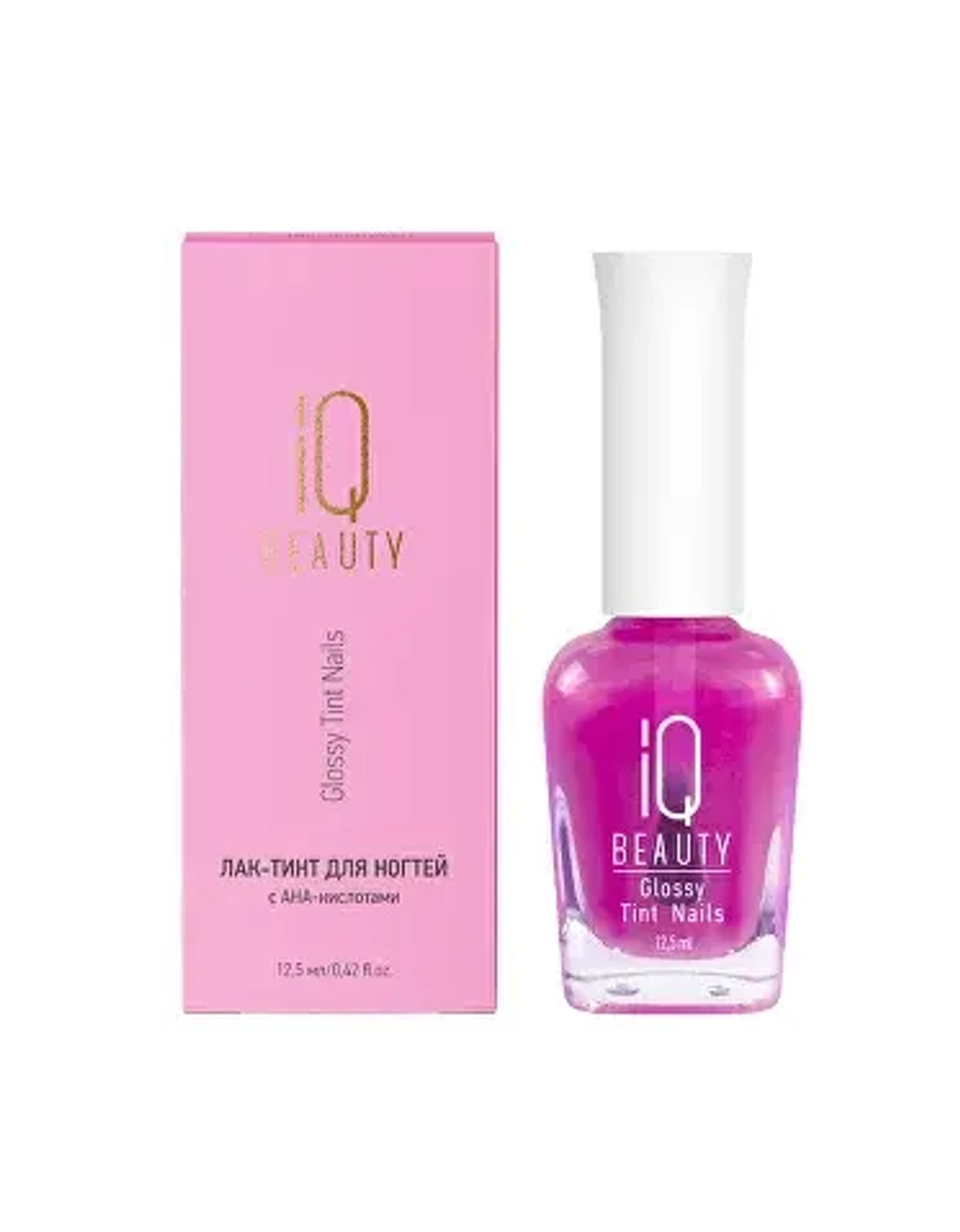 IQ Beauty Лак-тинт с AHA-кислотами для естественного сияния и укрепления Glossy Tint Nails, 12,5 мл Прозрачный маджента