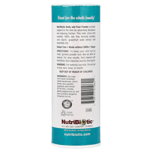 NutriBiotic, Пудра для тела и ног с экстрактом косточек грейпфрута и эфирными маслами, цитрусовая и мята, 113 г (4 унции)