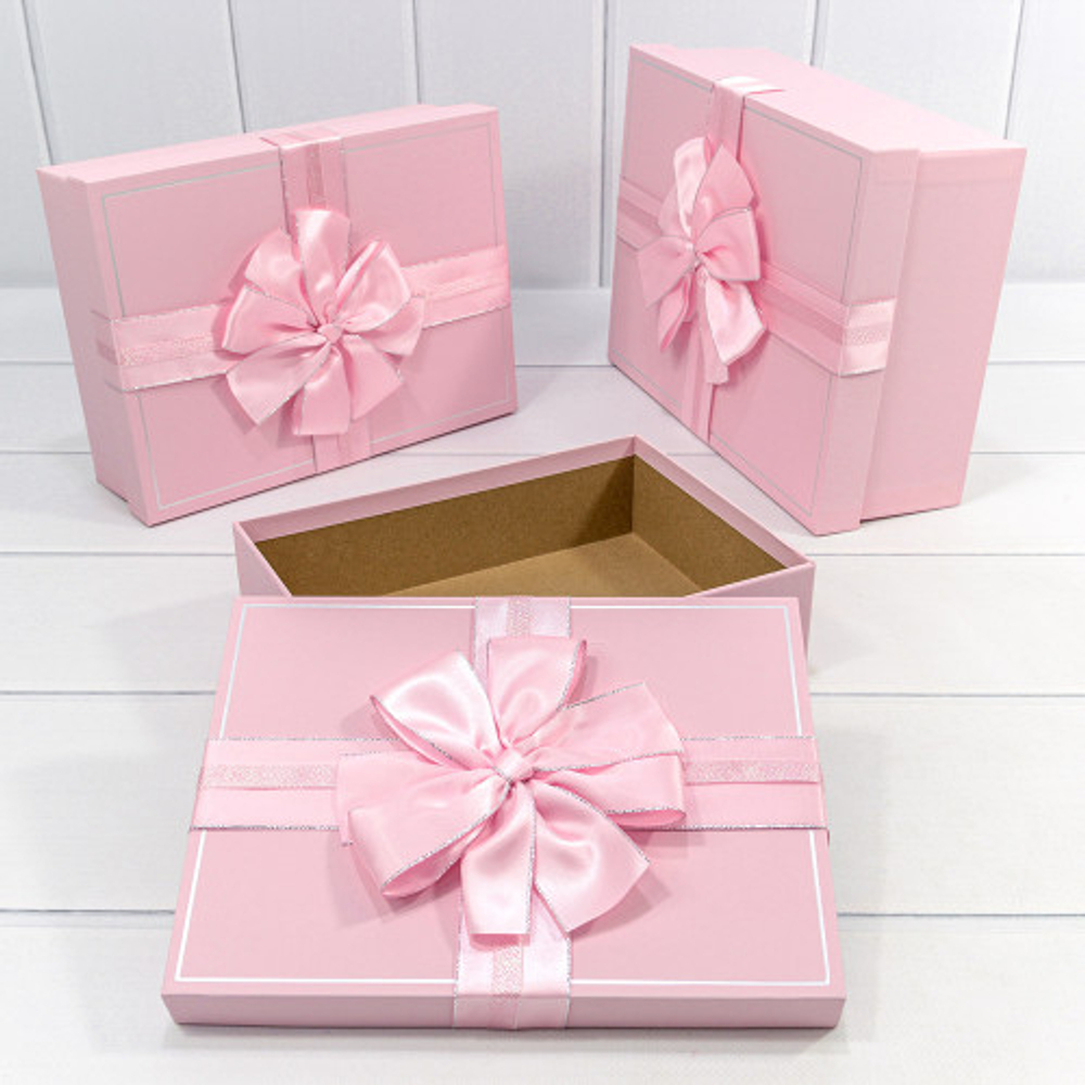 Коробка 29х21х9.5 см Набор 3 шт с двойным бантом (Розовый)