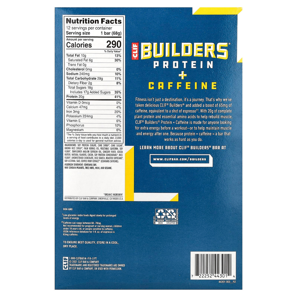 Clif Bar, Builders® Protein + Caffeine Bar, Chocolate Chip Cookie Dough, 12 Bars, 2.40 oz (68 g) Each