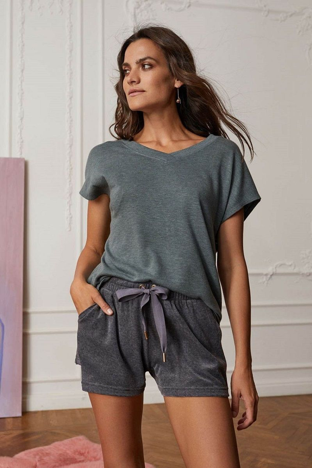 Домашние шорты из меланжевой ткани (Размер: M) (Цвет: темно-серый)