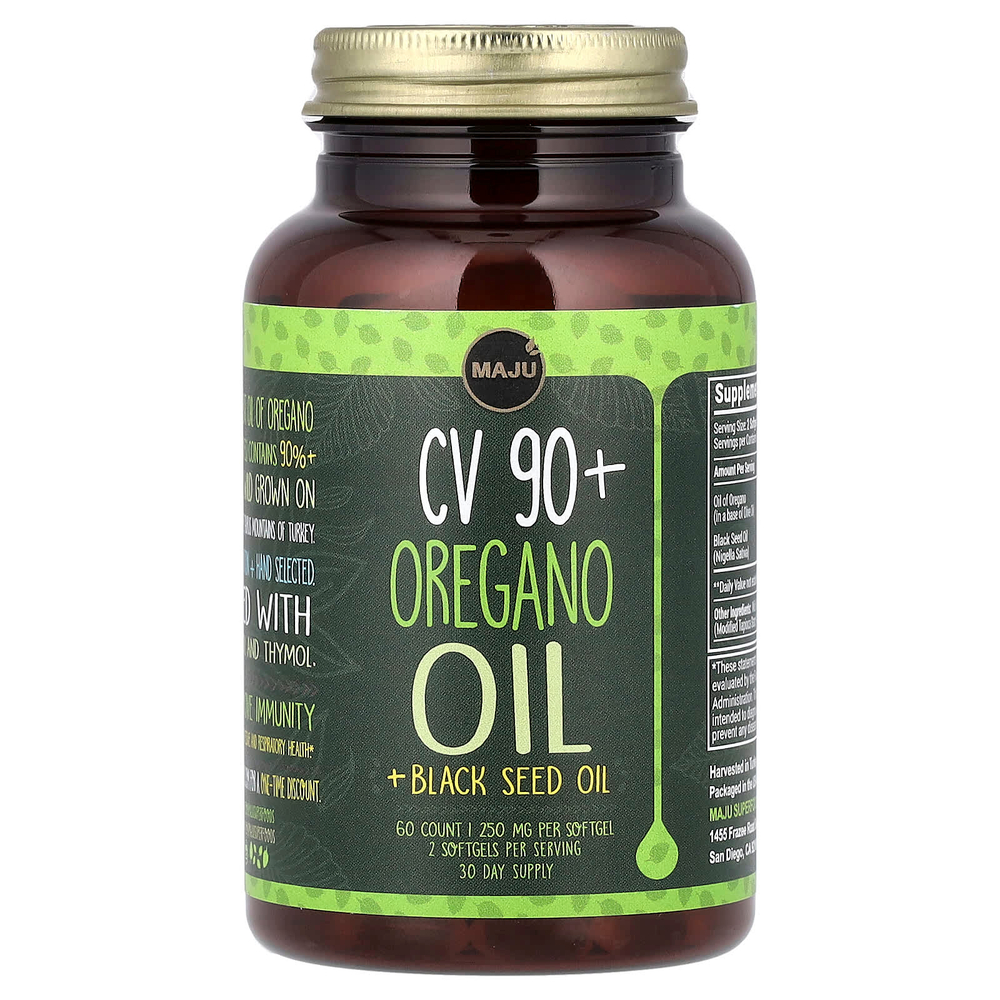 Maju Superfoods, CV 90+, масло орегано и масло черного тмина, 60 капсул