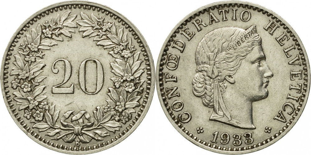 Швейцария 20 раппенов, 1881 - 1938 Либертас XF