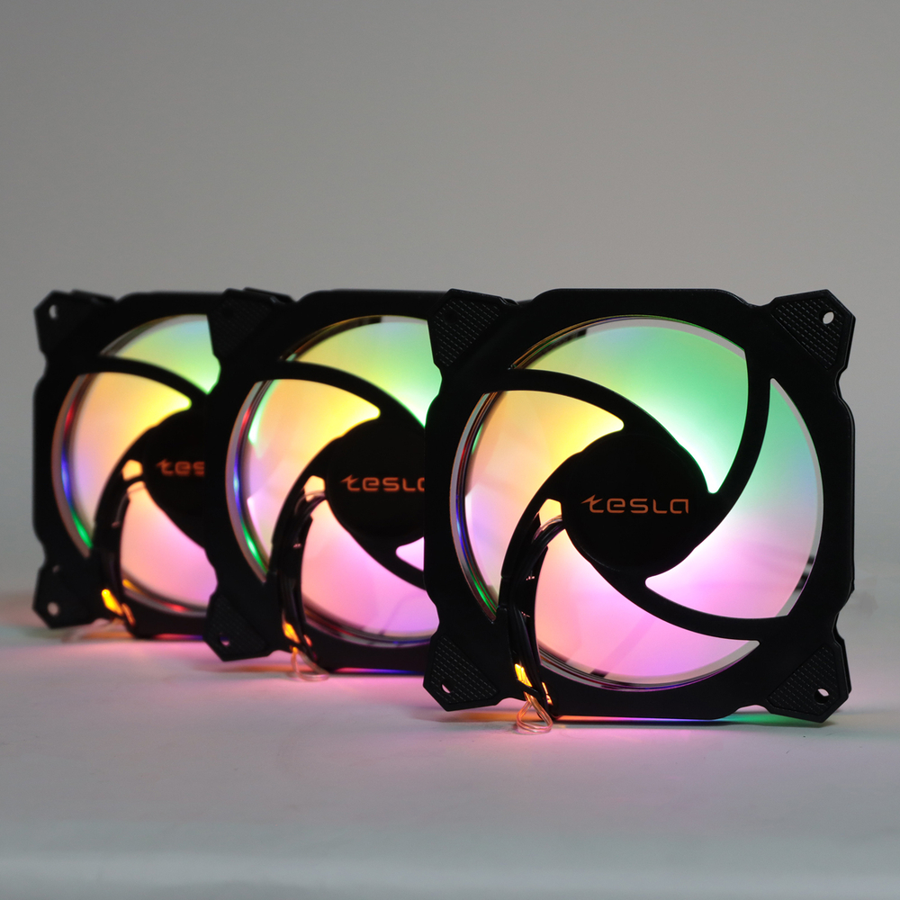 Комплект из 3 вентиляторов TESLA RGB120-RB3, 120мм, 1200rpm, 3-pin+Molex, черный-белый/FRGB, 38CFM, 21дБ, антивибропрокладки (TSL-120-RB3)