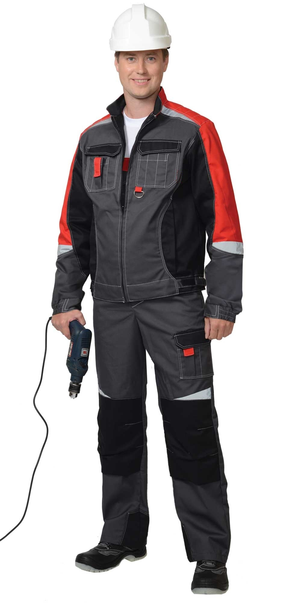 Костюм мужской летний куртка и полукомбинезон, серый с черным и красным, СОП