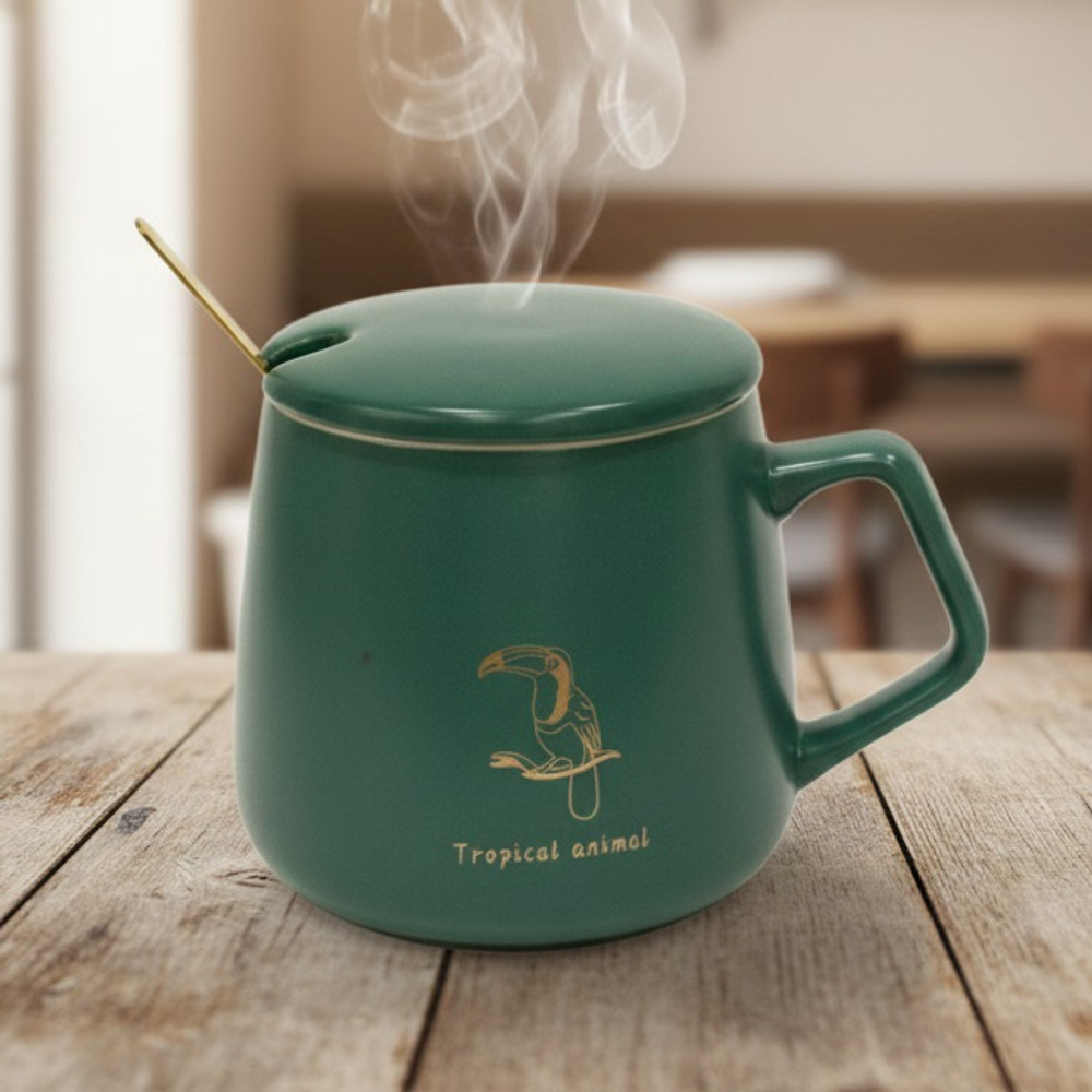 Керамическая кружка с крышкой и ложкой, MR1-5, 400 мл