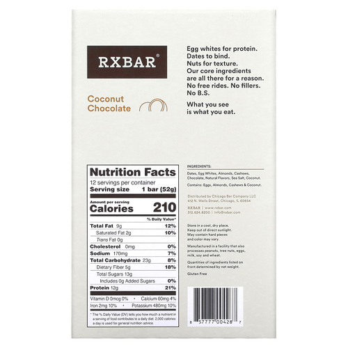 RXBAR, Протеиновый батончик, кокосовый шоколад, 12 батончиков, 52 г (1,83 унции)