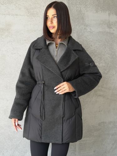 Черный комбинированный пуховик-пальто на кулиске