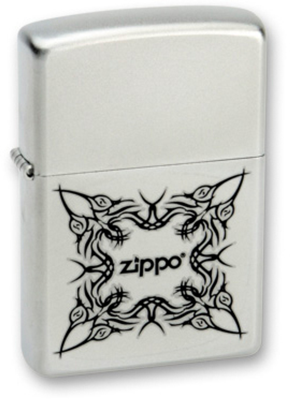 Легендарная классическая американская бензиновая широкая зажигалка ZIPPO Classic Satin Chrome™ серебристая матовая из латуни и стали Орнамент в виде татуировки с надписью Zippo ZP-205Tattoo Design
