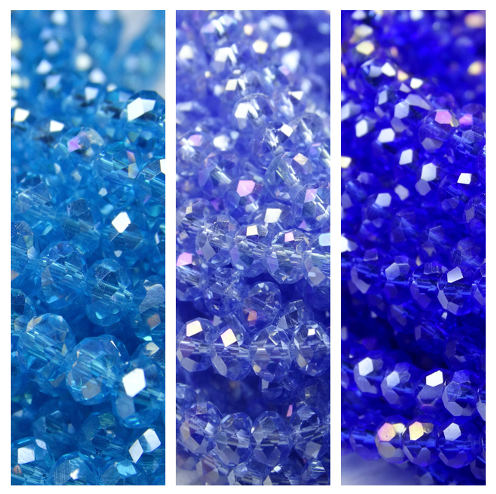 Хрустальные бусины "рондель", комплект из трех цветов: ярко-голубой с AB покрытием, светло-голубой с AB покрытием, светло-синий с AB покрытием, размер: 3х4 мм, общее количество: 290-300 бусин.