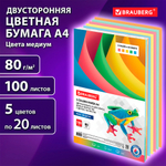 Бумага цветная BRAUBERG Medium, А4, 80 г/кв.м., 100 л., 5 цветов