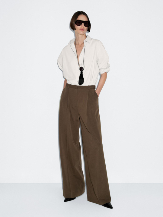 Massimo Dutti Брюки с широкими штанинами и защипами, коричневый