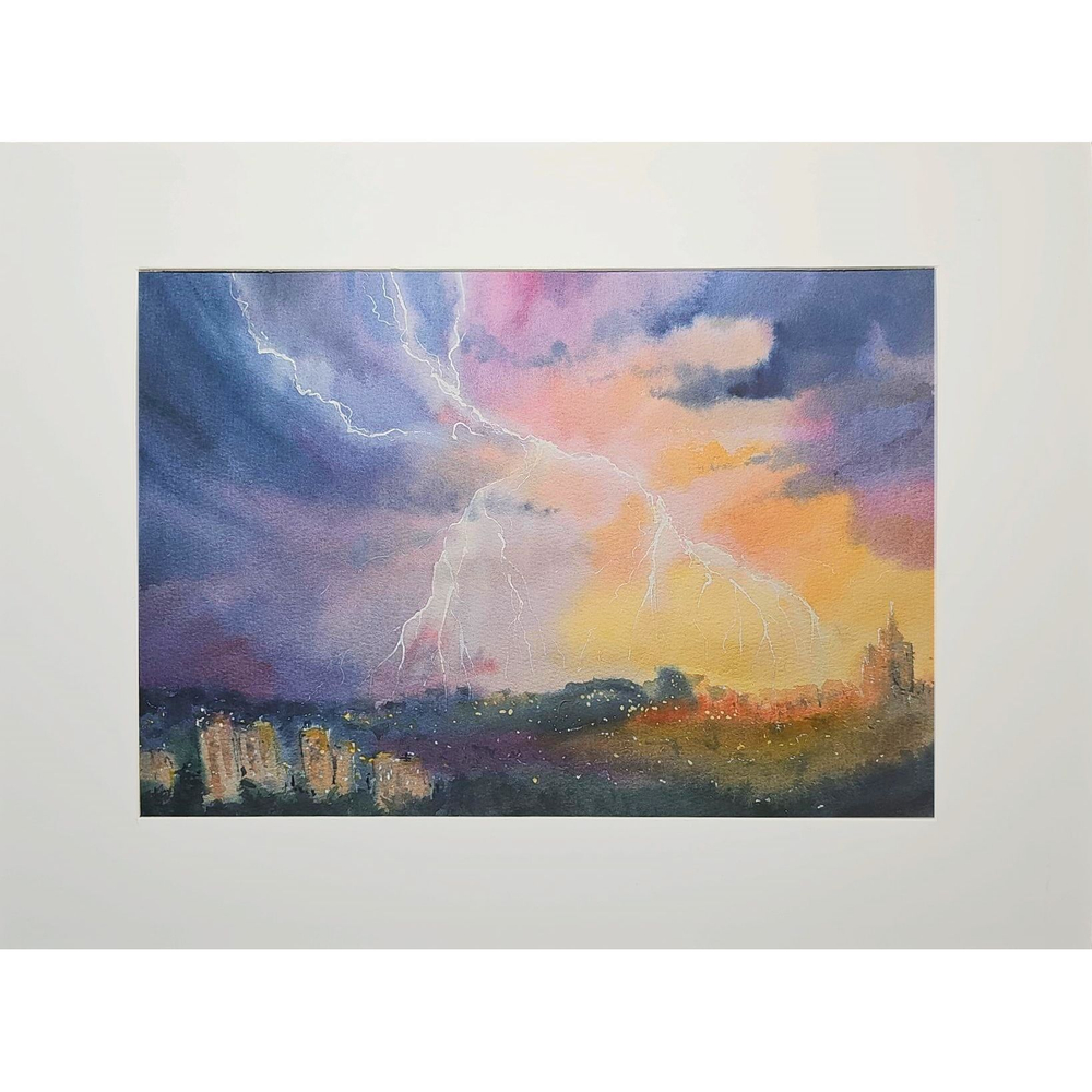 Картина акварельная авторская в паспарту 30х40 см на стену для интерьера "Гроза над Москвой"