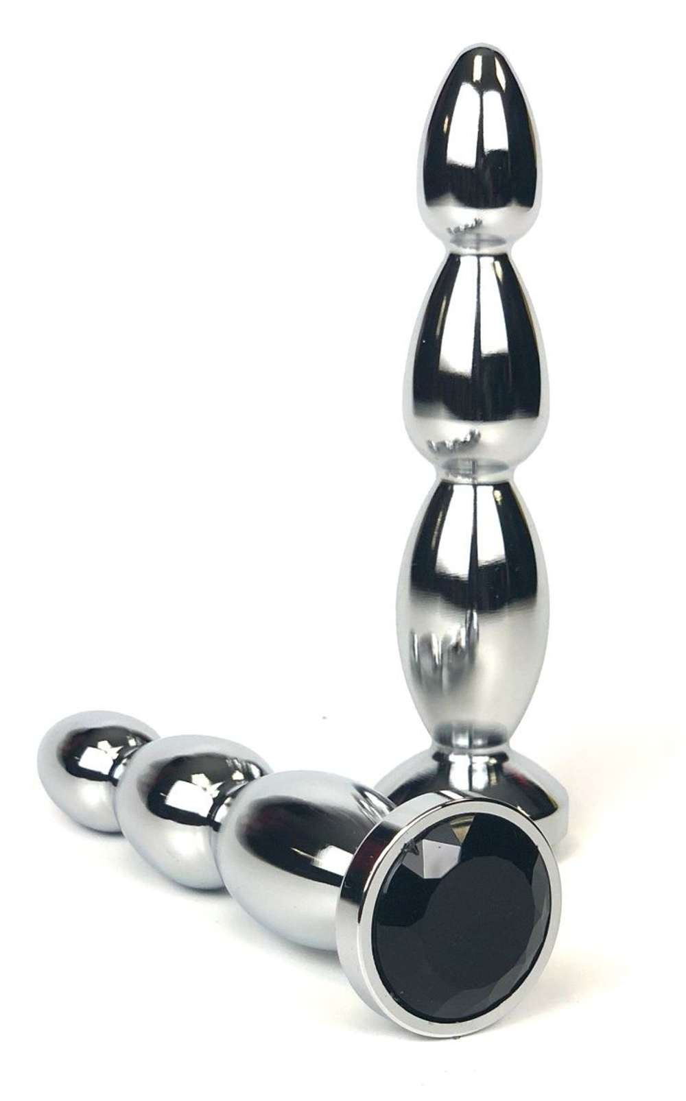 Серебристая удлиненная анальная пробка-ёлочка с черным кристаллом - 12 см. (Цвет: черный)