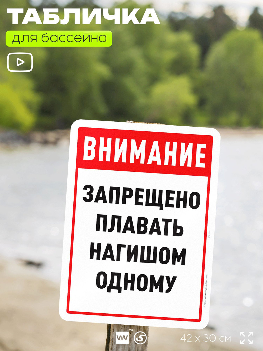 Табличка для бассейна "Внимание, запрещено плавать нагишом одному", на пляж, для общественной и частной зоны отдыха, информационная, 40х30 см, Silver Plane x Айдентика Технолоджи