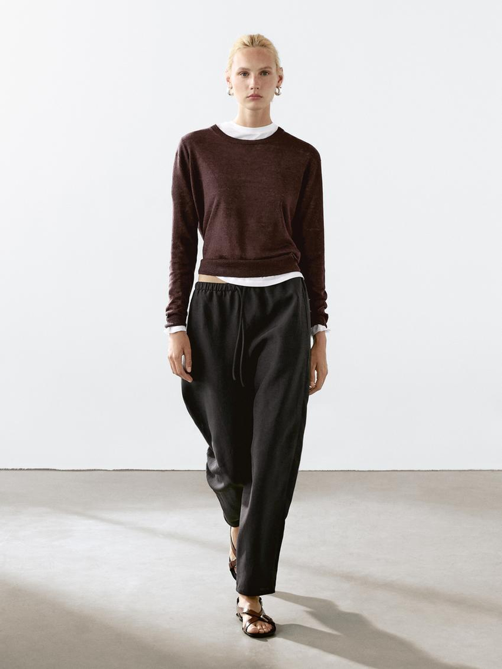 Massimo Dutti Свитер из 100% льна с круглым вырезом, коричневый