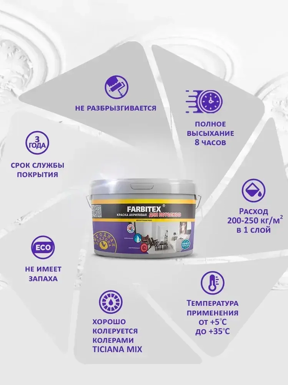 Краска FARBITEX для ПОТОЛКОВ 3 кг АКРИЛОВАЯ, матовая, краска для окраски кирпичных, бетонных, цементных, гипсокартонных