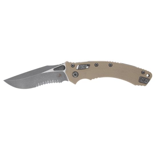 Нож Microtech 137RL-11APFLGTTA Amphibian Ram-Lok - нож складной, бежев. рук-ть G10, клинок апокалиптик, 1/2 сер