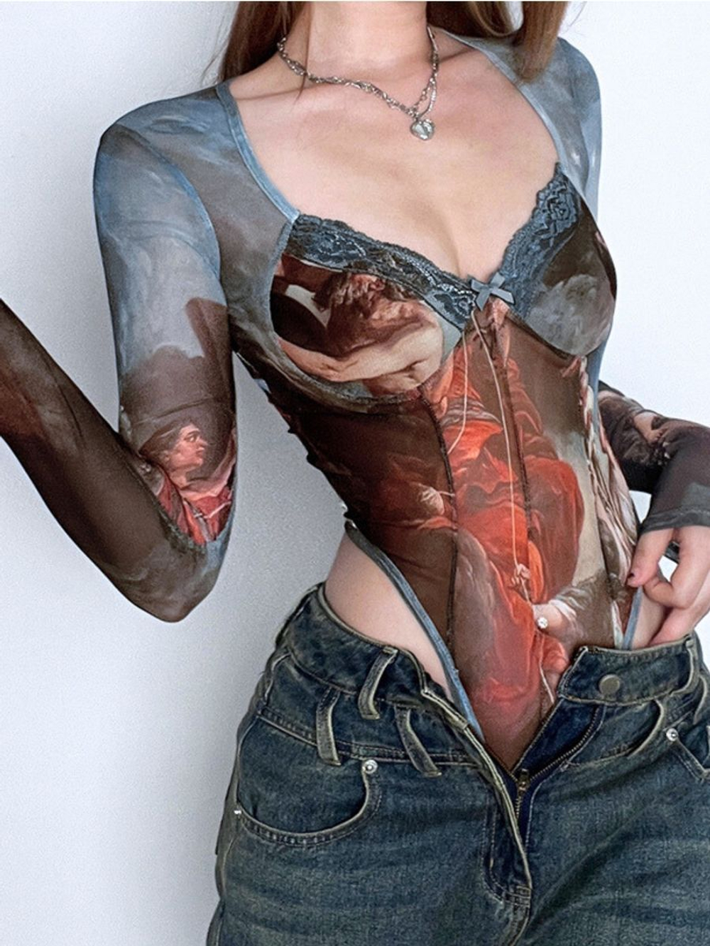 Боди y2k с длинным рукавом с бантиками