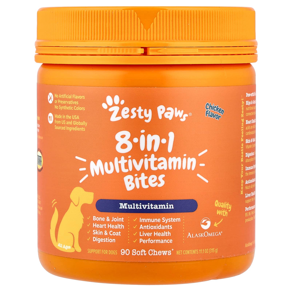 Zesty Paws, Multivitamin Bites, 8 в 1, для собак всех возрастов, со вкусом курицы, 90 жевательных таблеток, 315 г (11,1 унции)