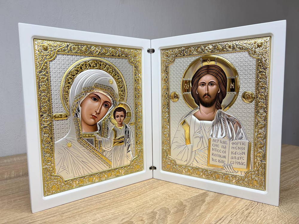 Складень, Казанская БМ, Молитва, икона прямоугольная, белое дерево 260x420