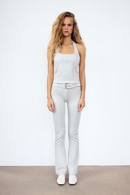 ZARA БРЮКИ FLARED ИЗ ТКАНИ ИНТЕРЛОК С РЕМНЕМ, ЖЕМЧУЖНО-СЕРЫЙ