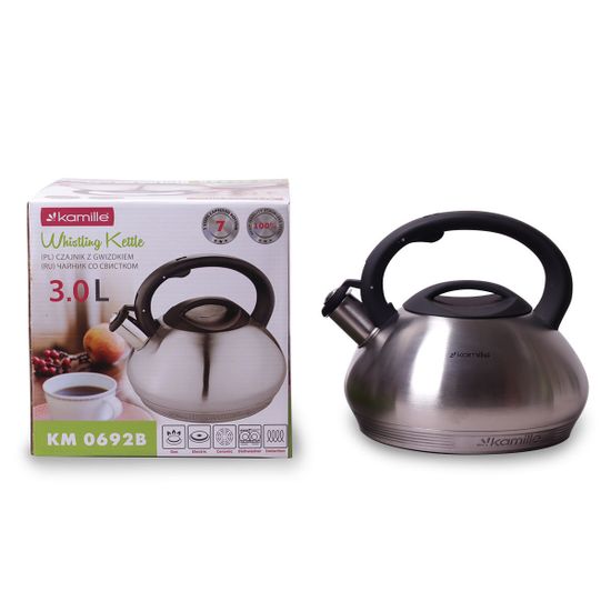 Чайник 3 л. из нержавеющей стали со свистком Kamille KM 0692B и черной бакелитовой ручкой