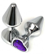 Серебристая анальная пробка с фиолетовым кристаллом-сердцем - 8 см. (Цвет: фиолетовый)