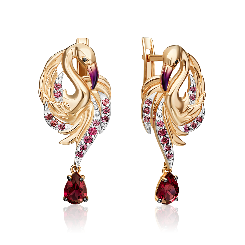 Серьги «Розовый фламинго» с английским замком из красного золота с гранатми и эмалью