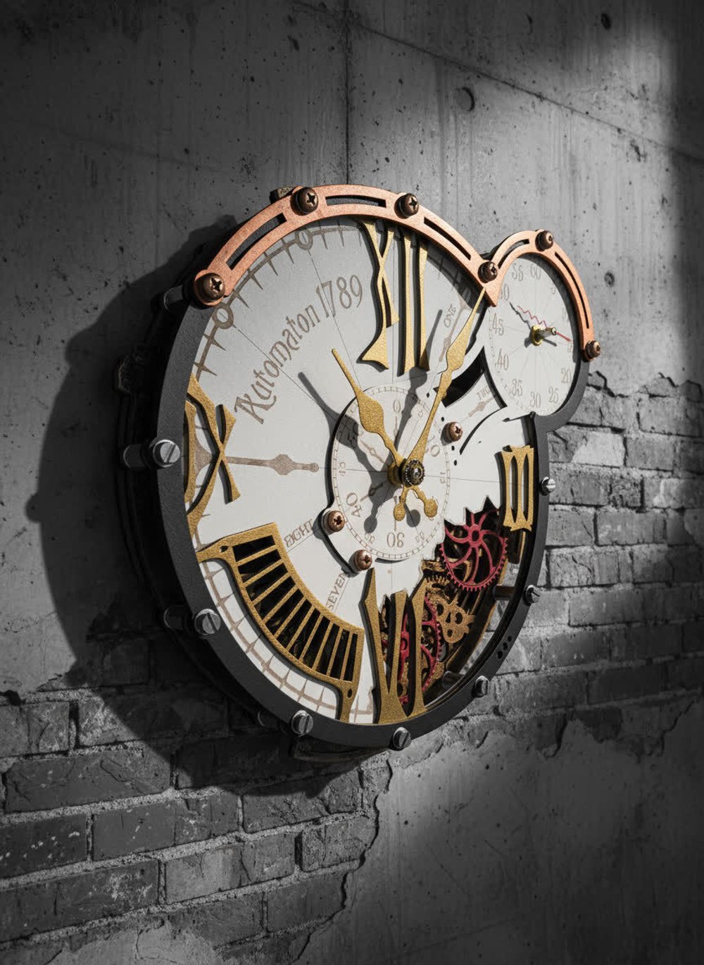 Настенные часы WOODandROOT Automaton 1789 Hermitage с открытым механизмом и шестерёнками в индустриальном интерьере