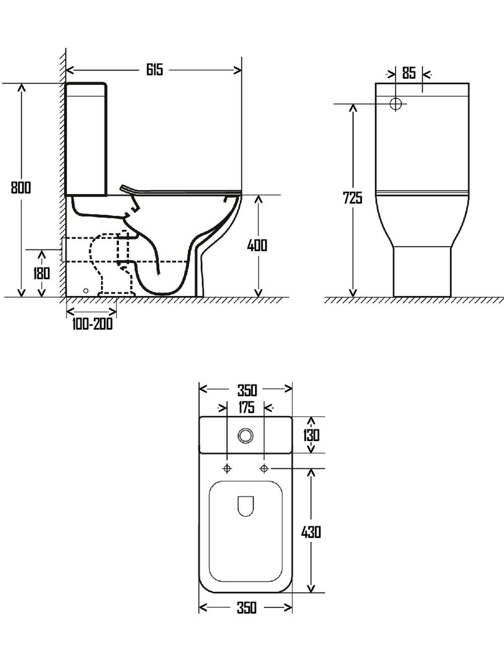AQM1004 Унитаз напольный Rimless с сиденьем SoftClose, горизонтальный выпуск. 615x350x410мм