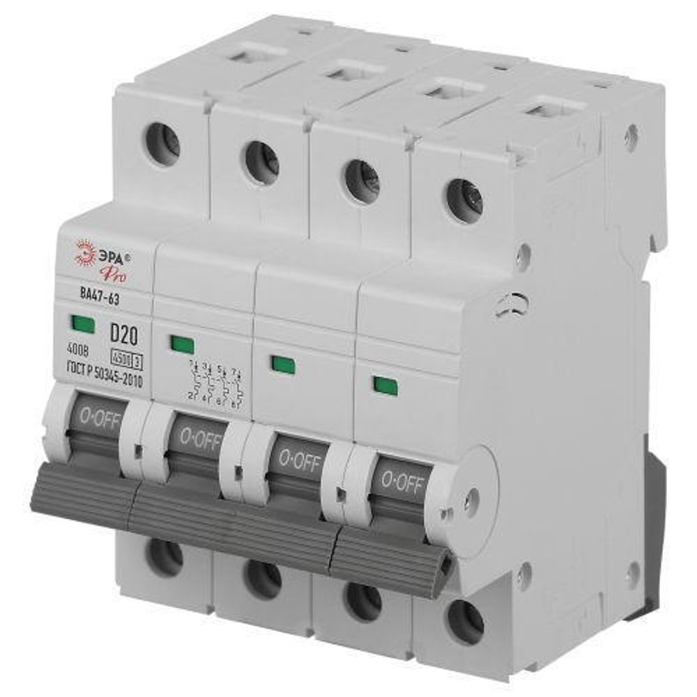 Выключатель автоматический 4п D 20А 4.5кА ВА47-63 PRO ЭРА Б0059485 Выключатель автоматический 4п D 20А 4.5кА ВА47-63 PRO ЭРА Б0059485