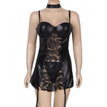 Платье кожаное с пажиками для чулок Ohyeah с кружевом +стринги, XL-2XL