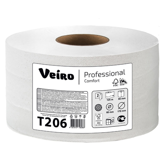 Туалетная бумага в рулонах Veiro Professional Comfort белая двухслойная (12 рулонов по 125 м)