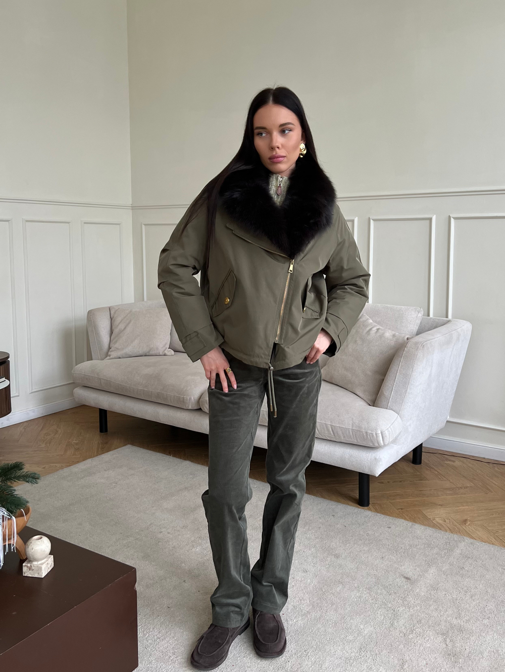 Парка Extra Lux с натуральным мехом хаки